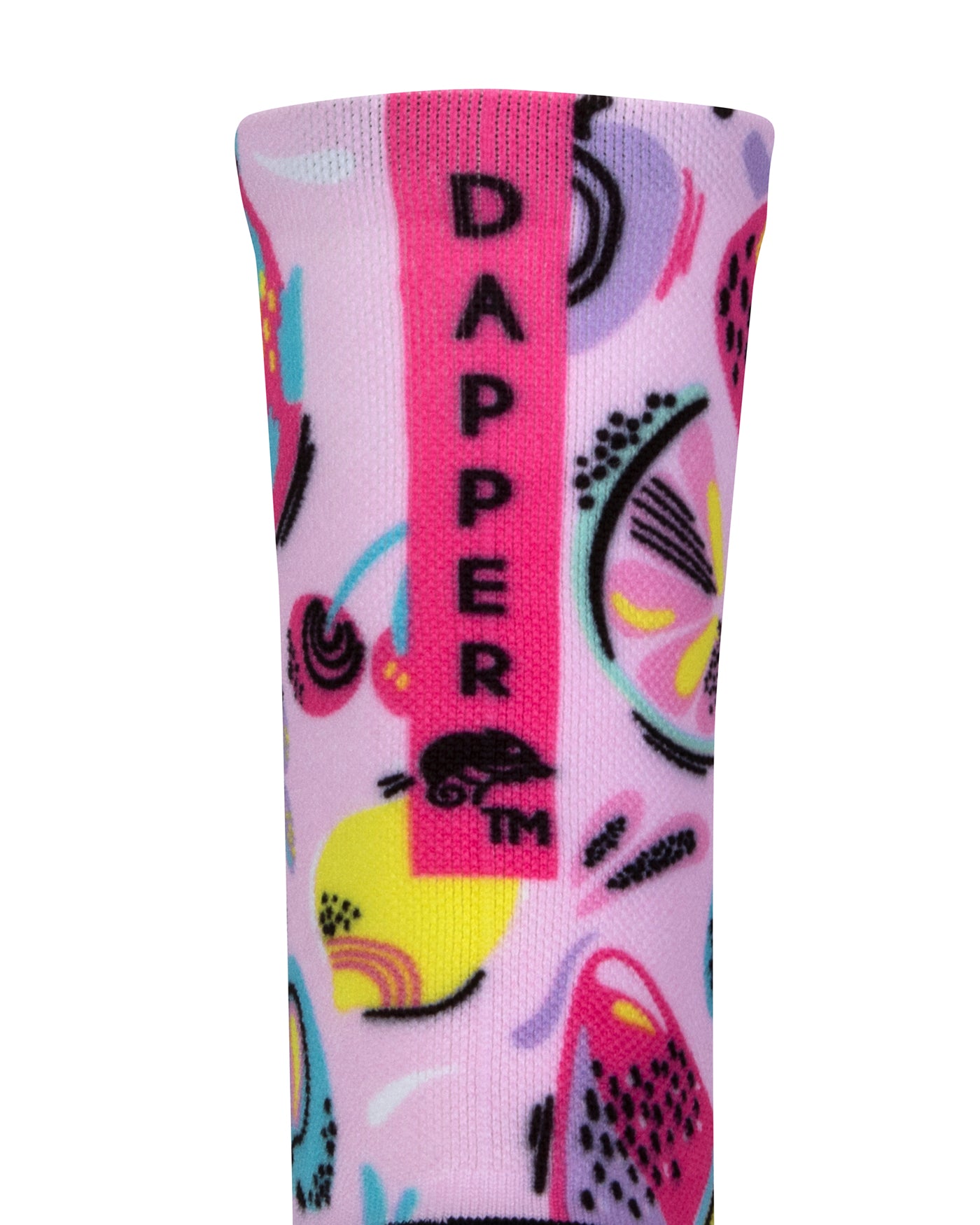 Back view of a pink seamless toe sock with multi-colour fruit pop art print design with a pink strip with Dapper Chameleon wording and logo in black.