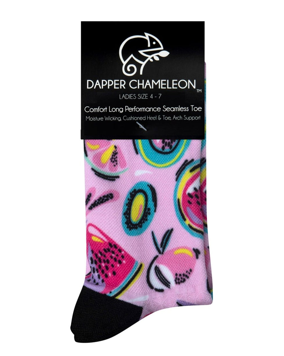 Header card packaging of a pink seamless toe sock with multi-colour fruit pop art print design and black heel and toe.