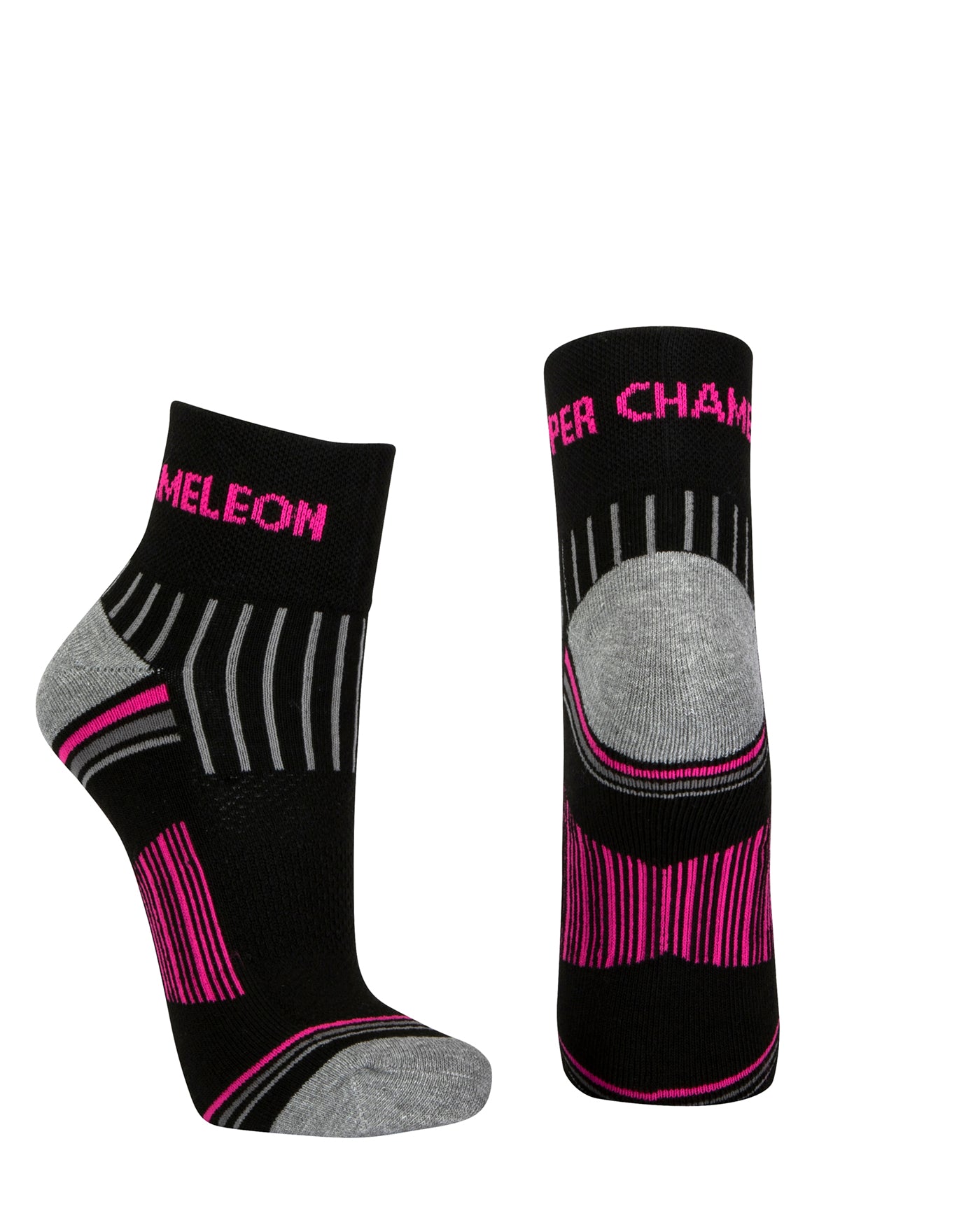 Black quarter length seamless toe sport sock with grey and neon pink stripes with a grey cushioned heel and toe.