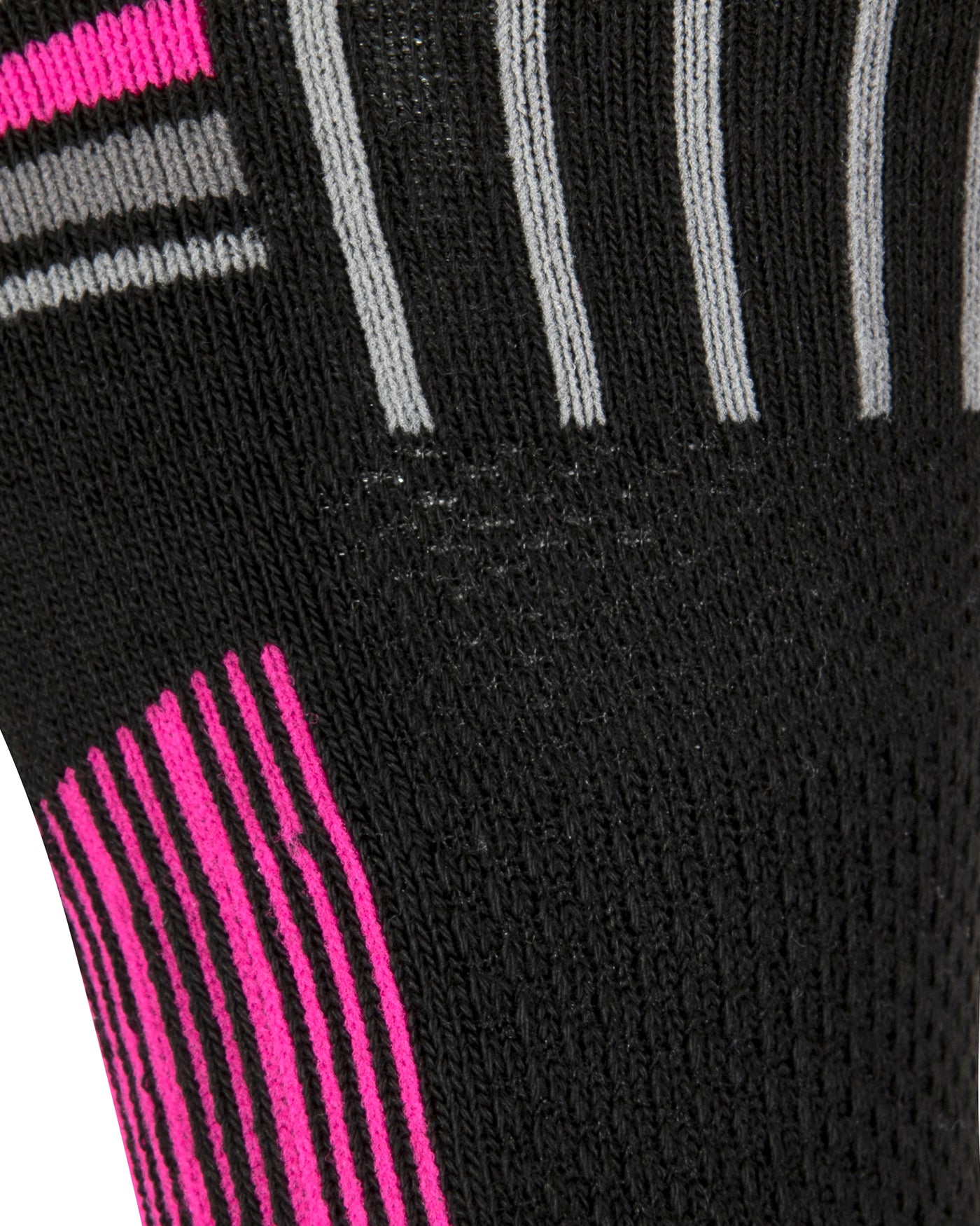 Textured view of the black quarter length seamless toe sport sock with grey and neon pink stripes.