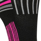 Textured view of the black quarter length seamless toe sport sock with grey and neon pink stripes.
