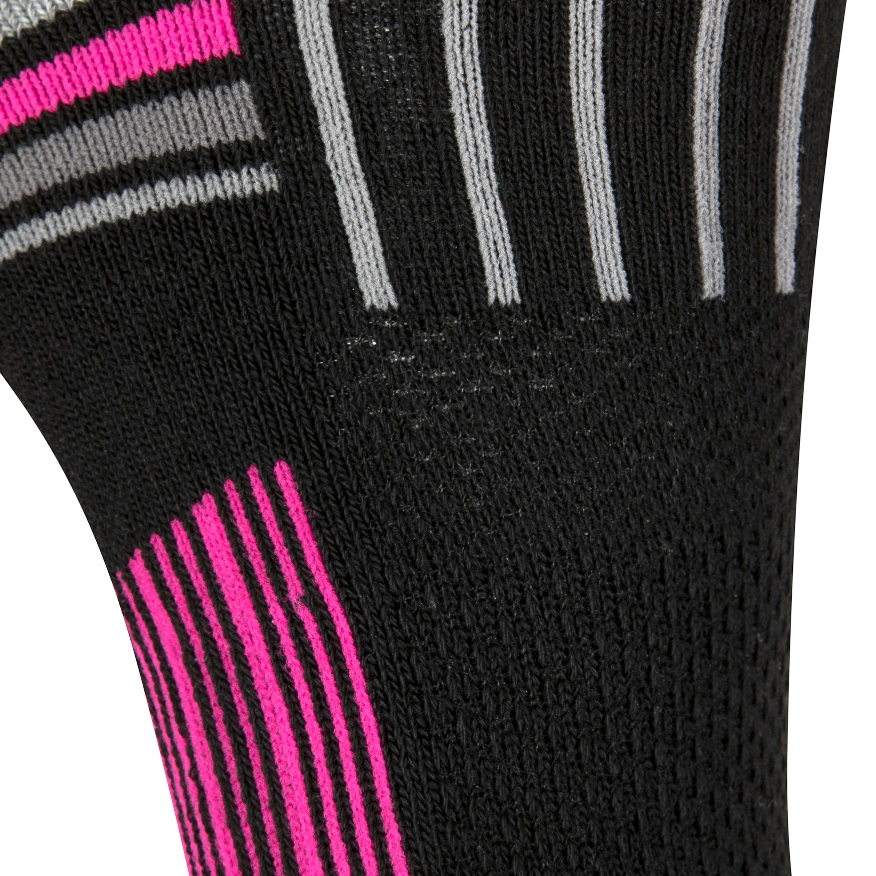 Textured view of the black quarter length seamless toe sport sock with grey and neon pink stripes.