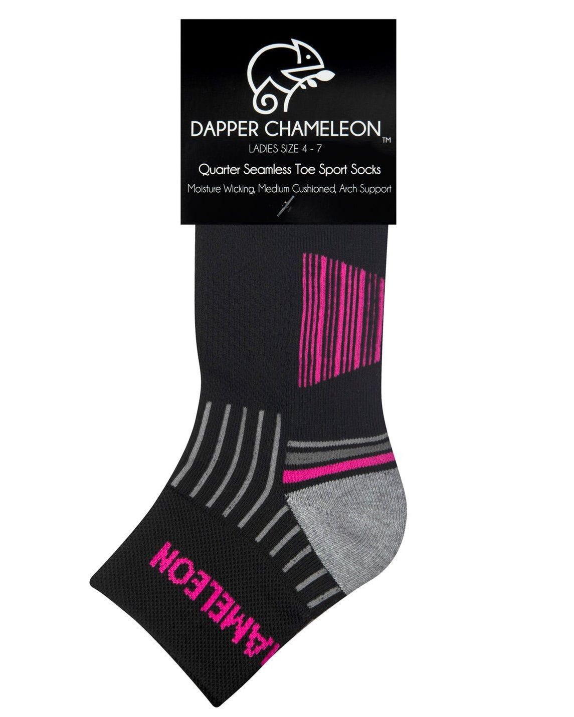 Header card packaging of a black quarter length seamless toe sport sock with grey and neon pink stripes with a grey cushioned heel and toe.