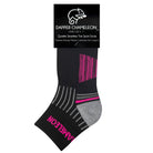 Header card packaging of a black quarter length seamless toe sport sock with grey and neon pink stripes with a grey cushioned heel and toe.