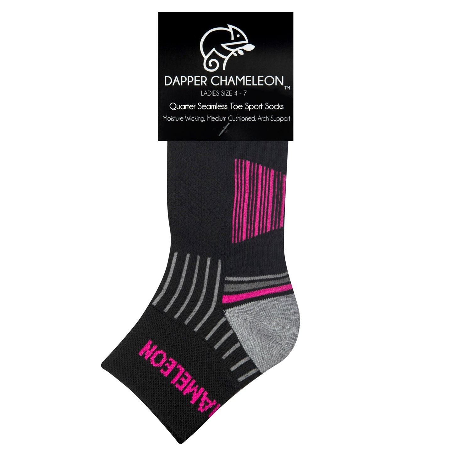 Header card packaging of a black quarter length seamless toe sport sock with grey and neon pink stripes with a grey cushioned heel and toe.