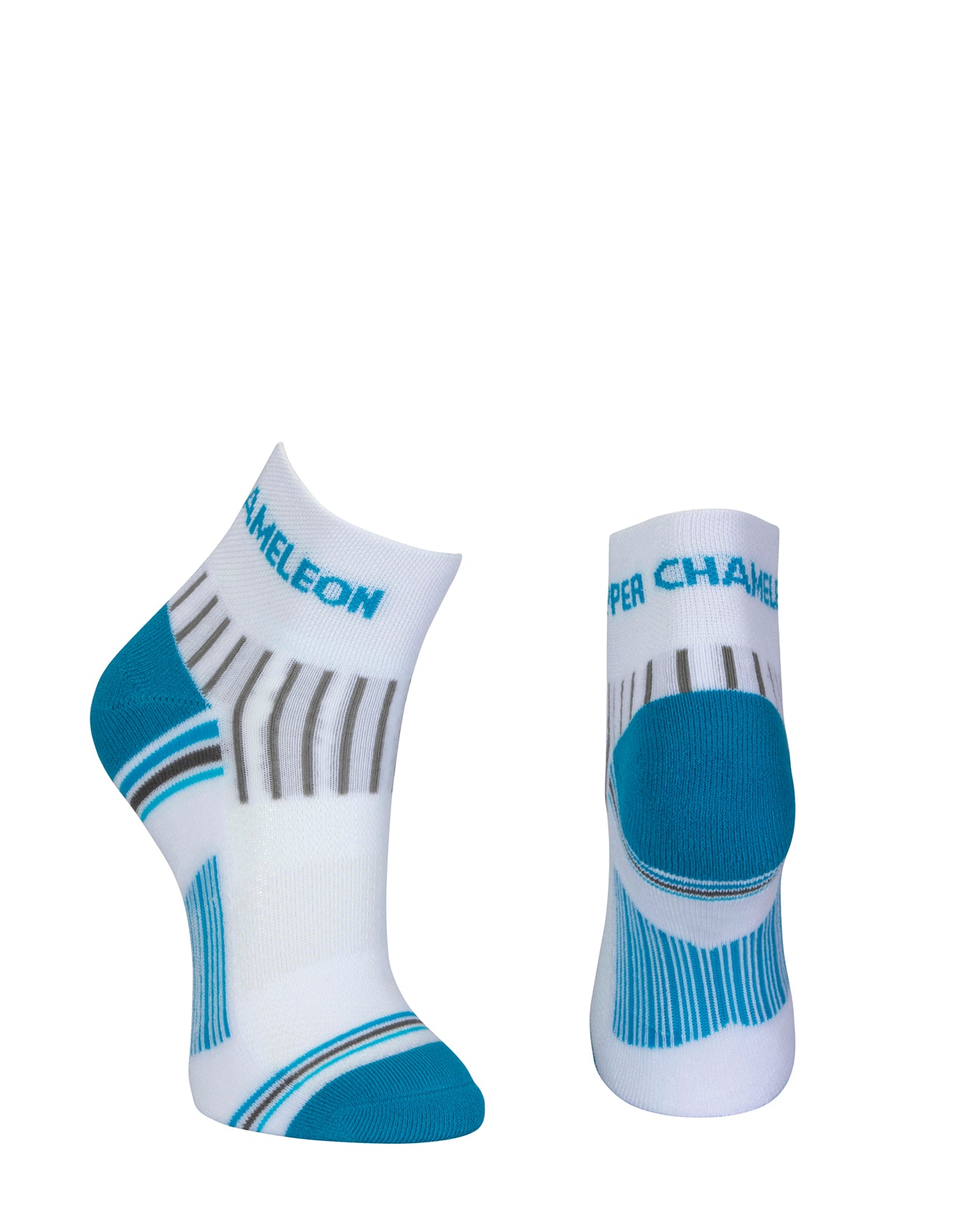 White quarter length seamless toe sport sock with grey and sky blue stripes with a sky blue cushioned heel and toe.