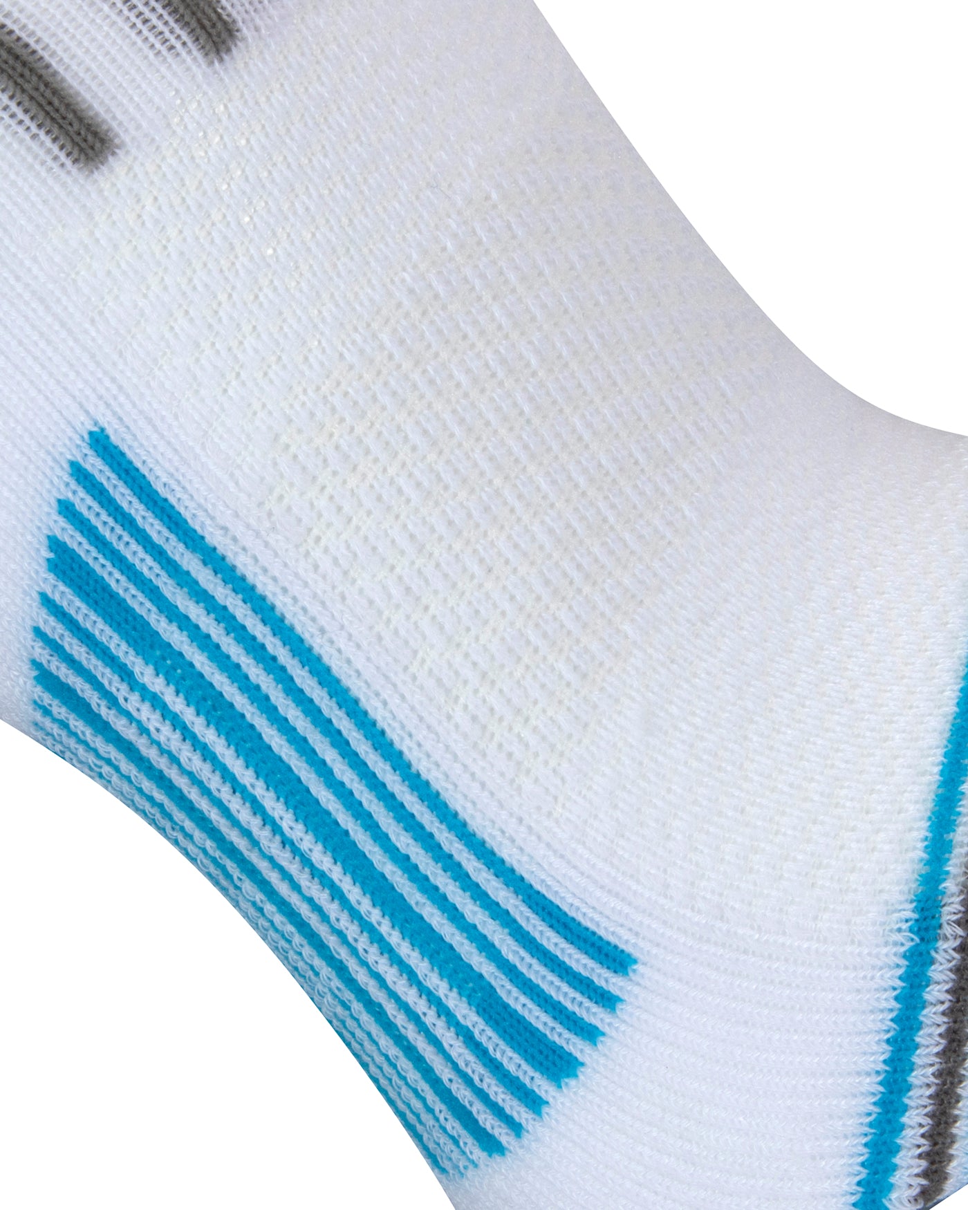 Textured view of the white quarter length seamless toe sport sock with grey and sky blue stripes on the bottom arch of the sock.