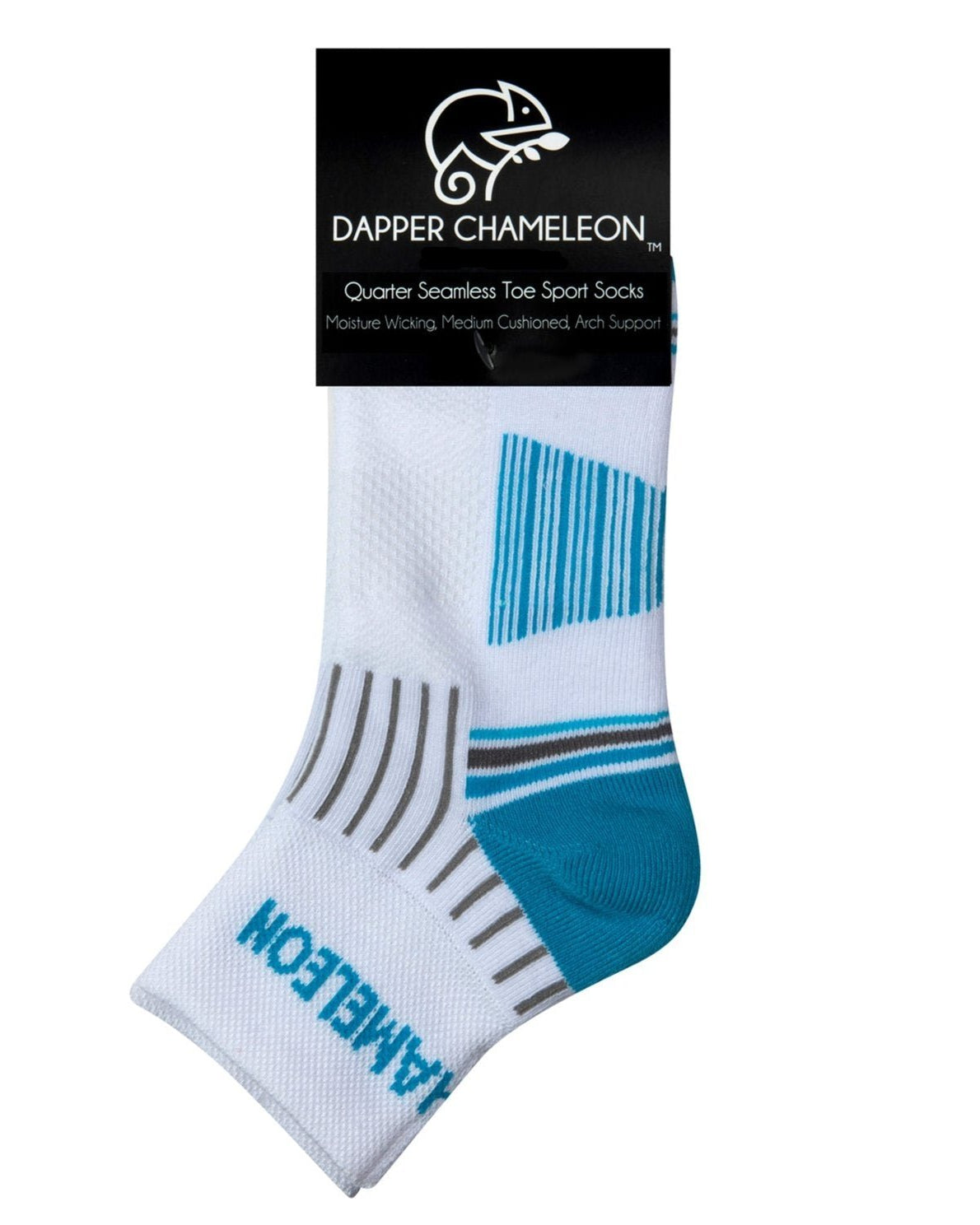 Header card packaging of a white quarter length seamless toe sport sock with grey and sky blue stripes with a sky blue cushioned heel and toe.