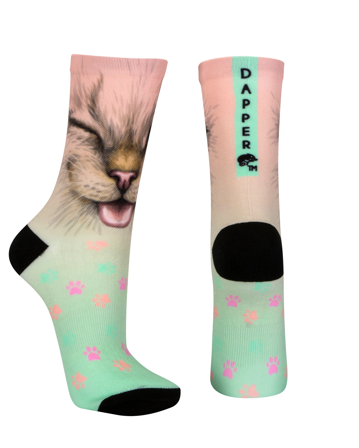 Seamless toe sock with mint ombre cat face print design and black heel and toe.