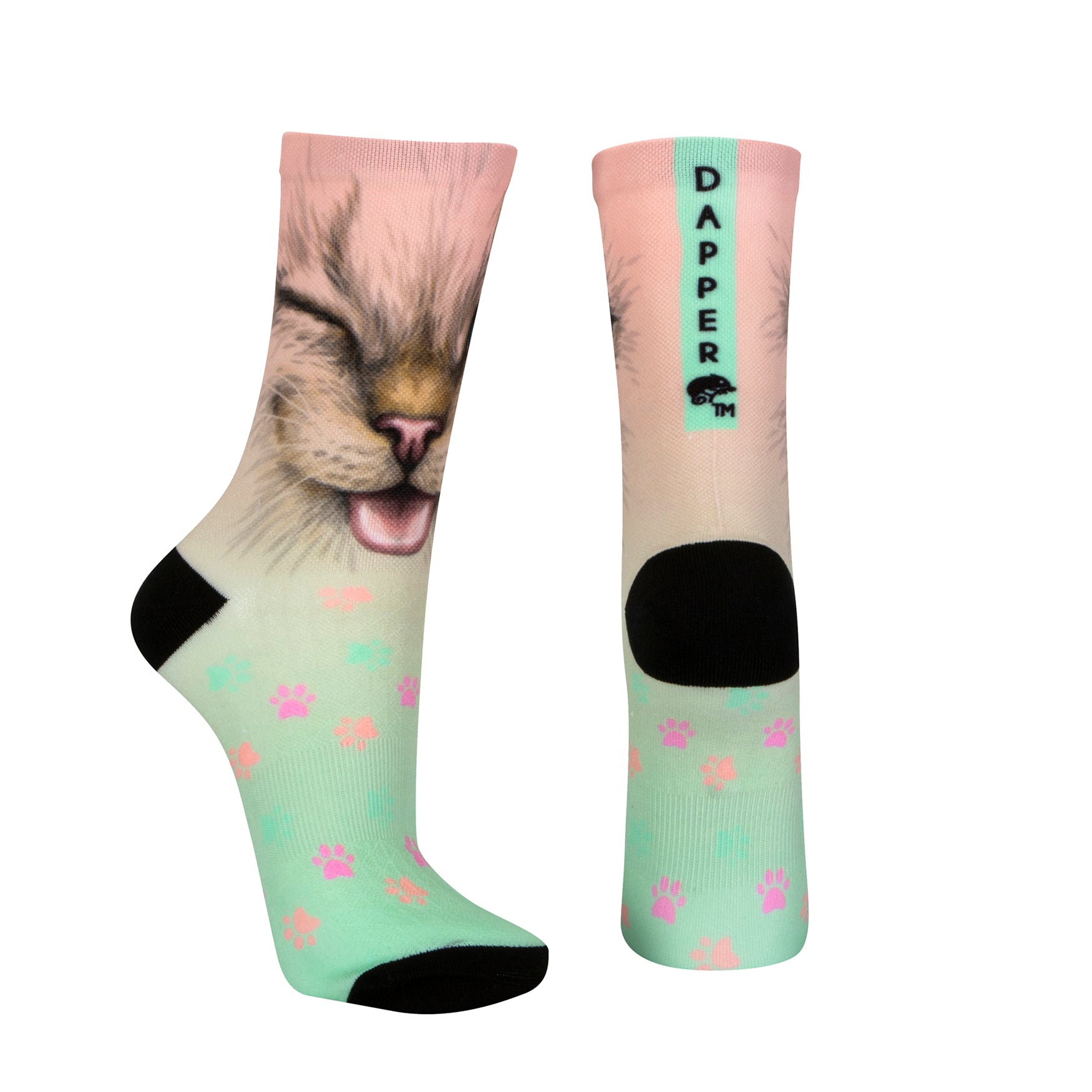 Seamless toe sock with mint ombre cat face print design and black heel and toe.