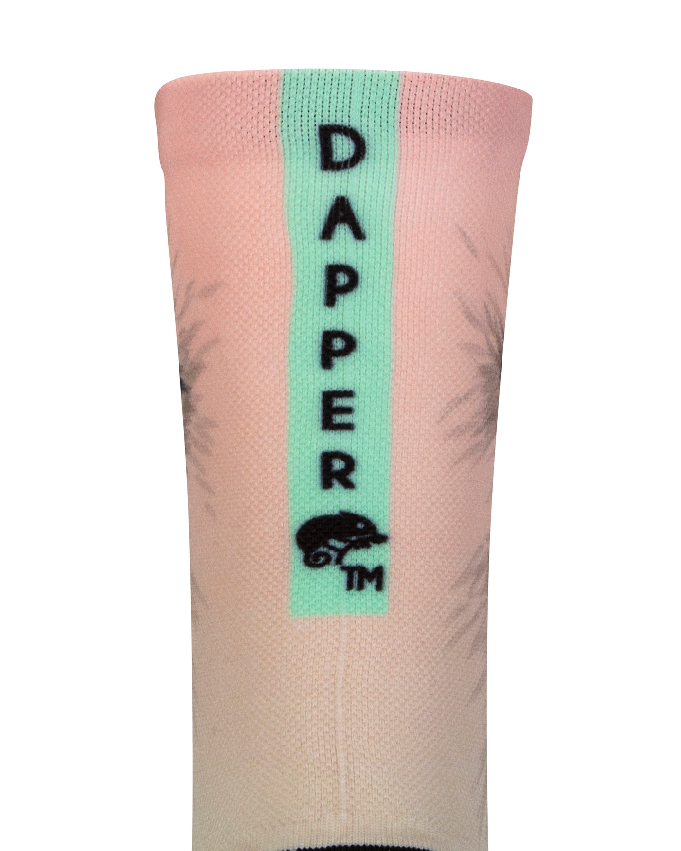 Back view of a seamless toe sock with mint ombre cat face print design with a mint strip with Dapper Chameleon wording and logo in black.