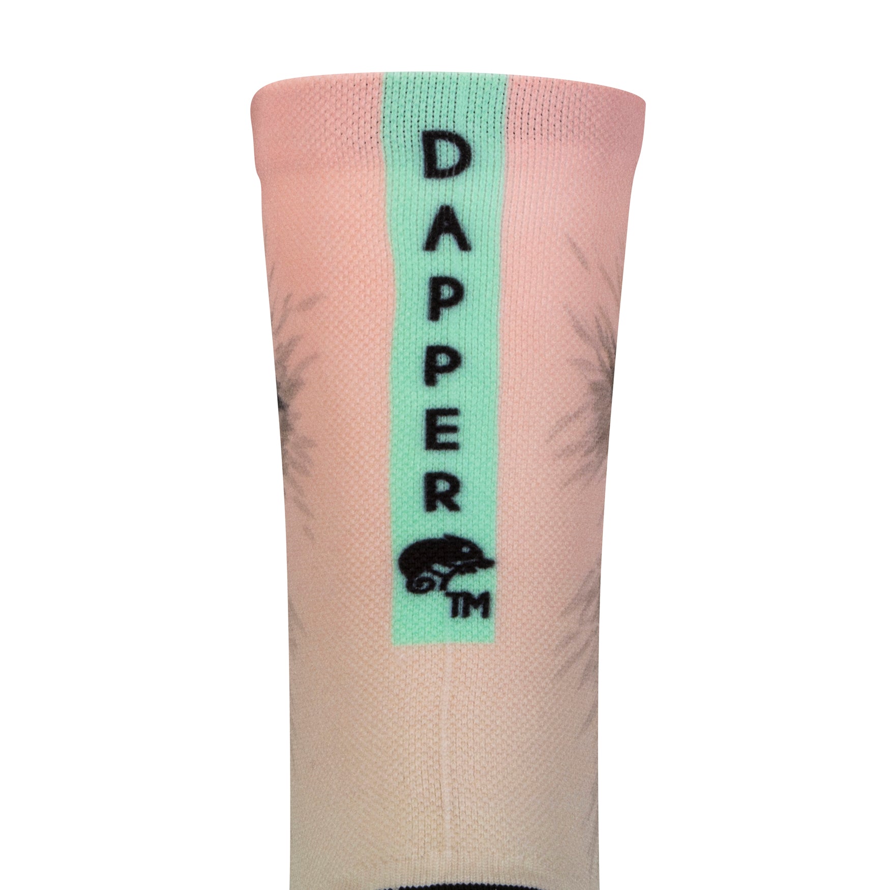 Back view of a seamless toe sock with mint ombre cat face print design with a mint strip with Dapper Chameleon wording and logo in black.