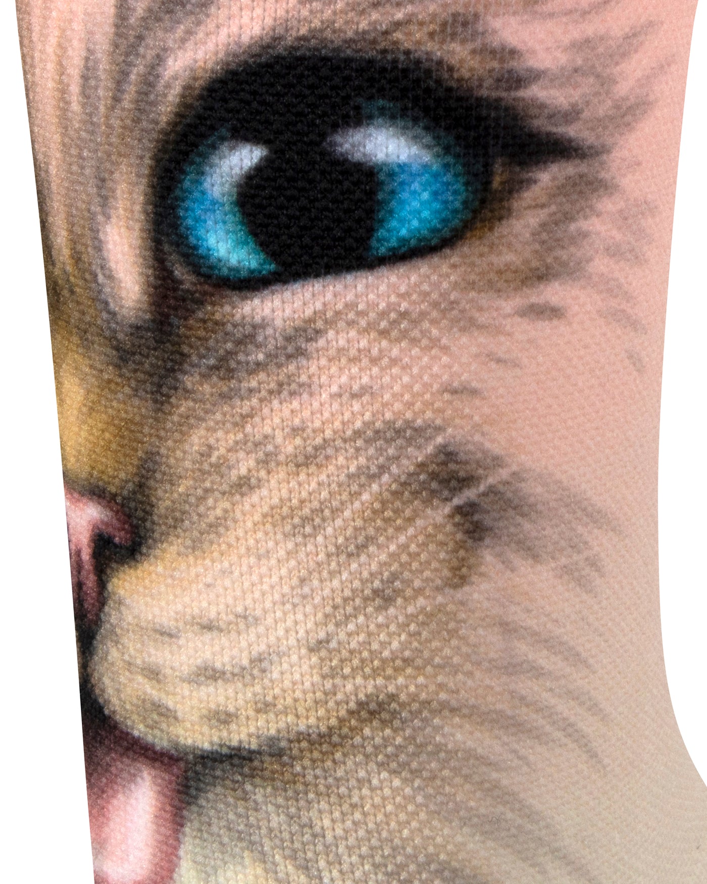 Textured view of a seamless toe sock with mint ombre cat face print design.