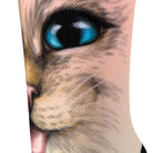Textured view of a seamless toe sock with mint ombre cat face print design.