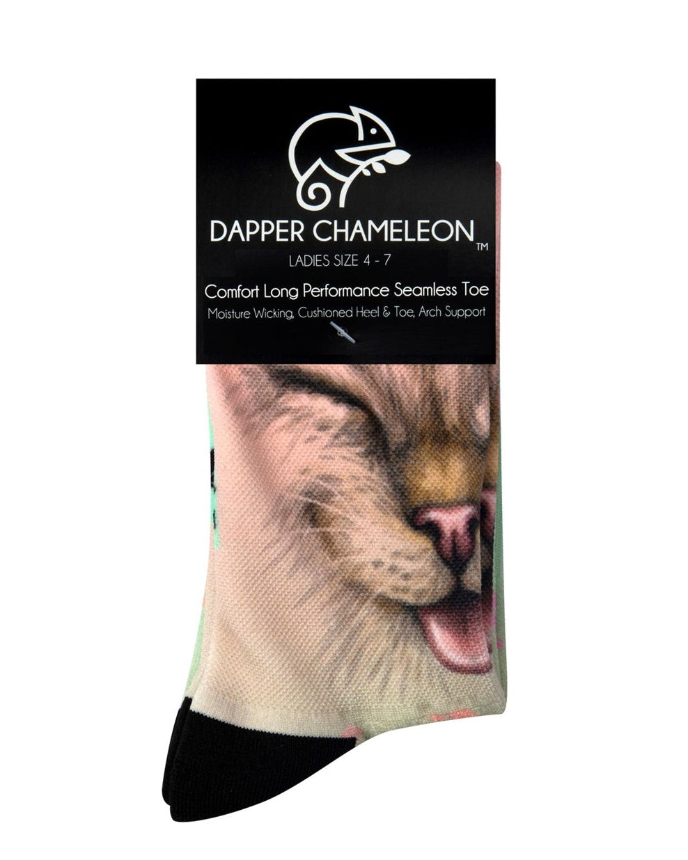 Header card packaging of a seamless toe sock with mint ombre cat face print design and black heel and toe.