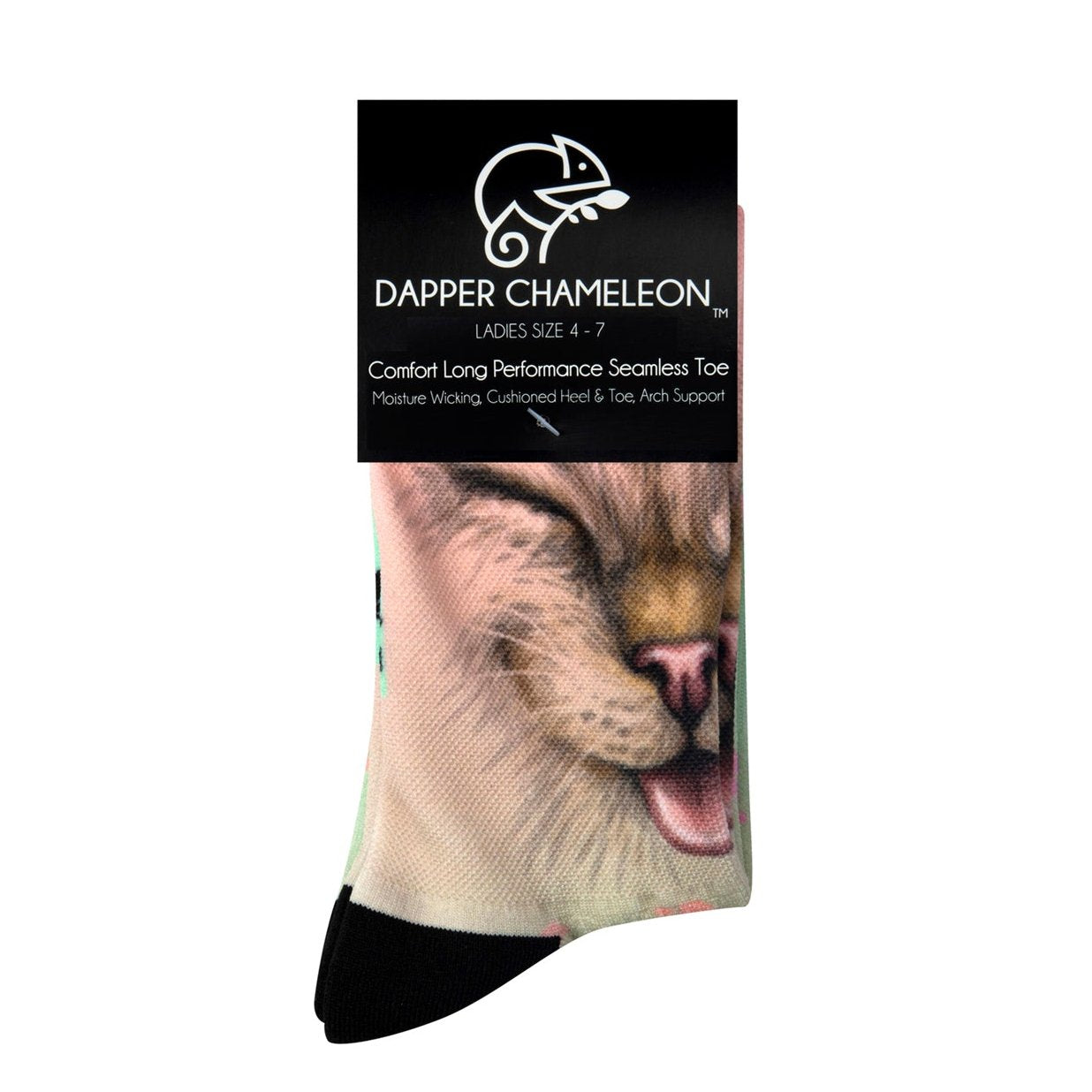 Header card packaging of a seamless toe sock with mint ombre cat face print design and black heel and toe.