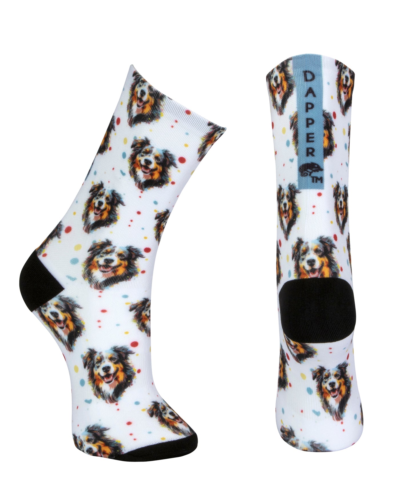 White seamless toe sock with bordercollie dog print design and black heel and toe.