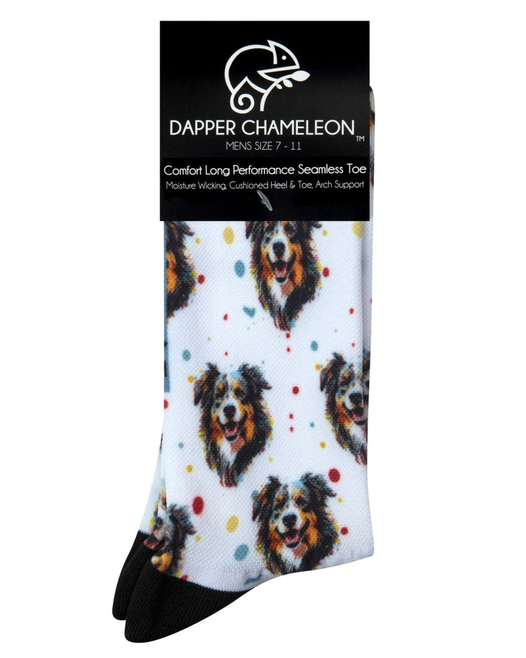 Header card packaging of a white seamless toe sock with bordercollie dog print design and black heel and toe.