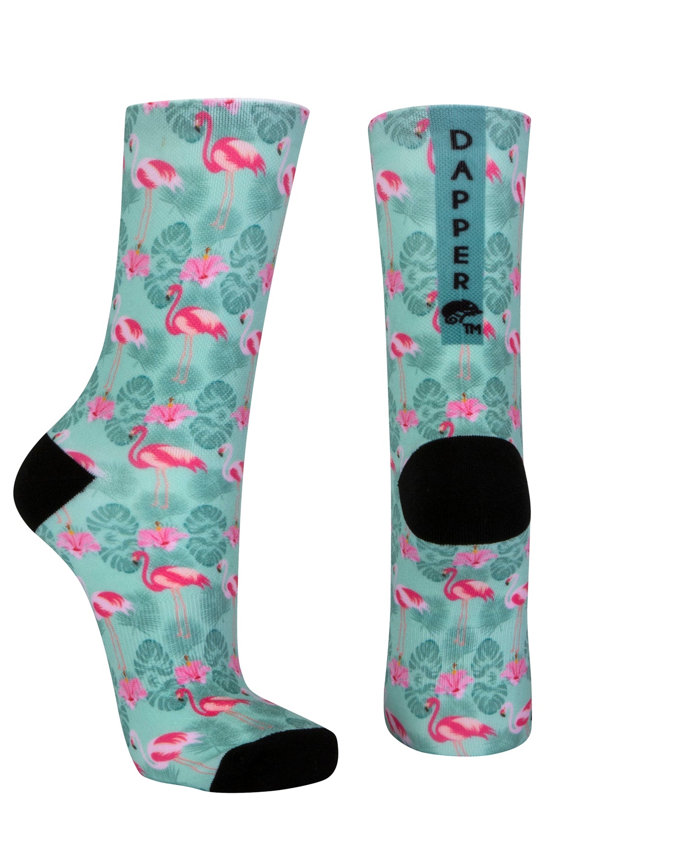 Pastel mint green seamless toe sock with pink flamingo and green tropical leaves design print and black heel and toe.