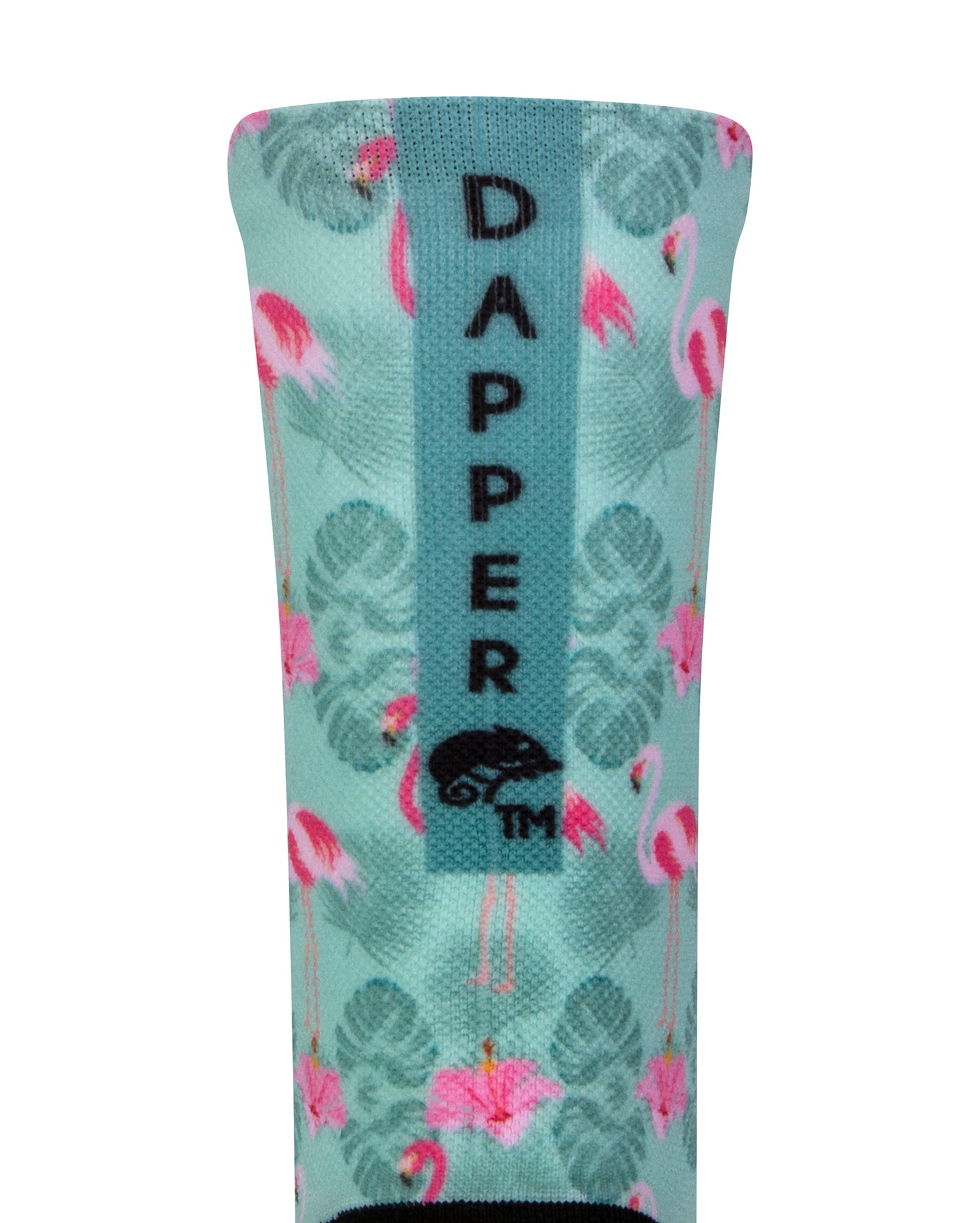 Back view of a pastel mint green seamless toe sock with pink flamingo and green tropical leaves design print and with a green strip with Dapper Chameleon wording and logo in black.