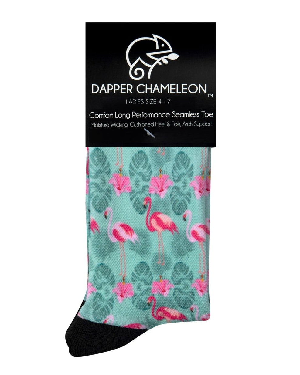 Header card packaging of a pastel mint green seamless toe sock with pink flamingo and green tropical leaves design print and black heel and toe.
