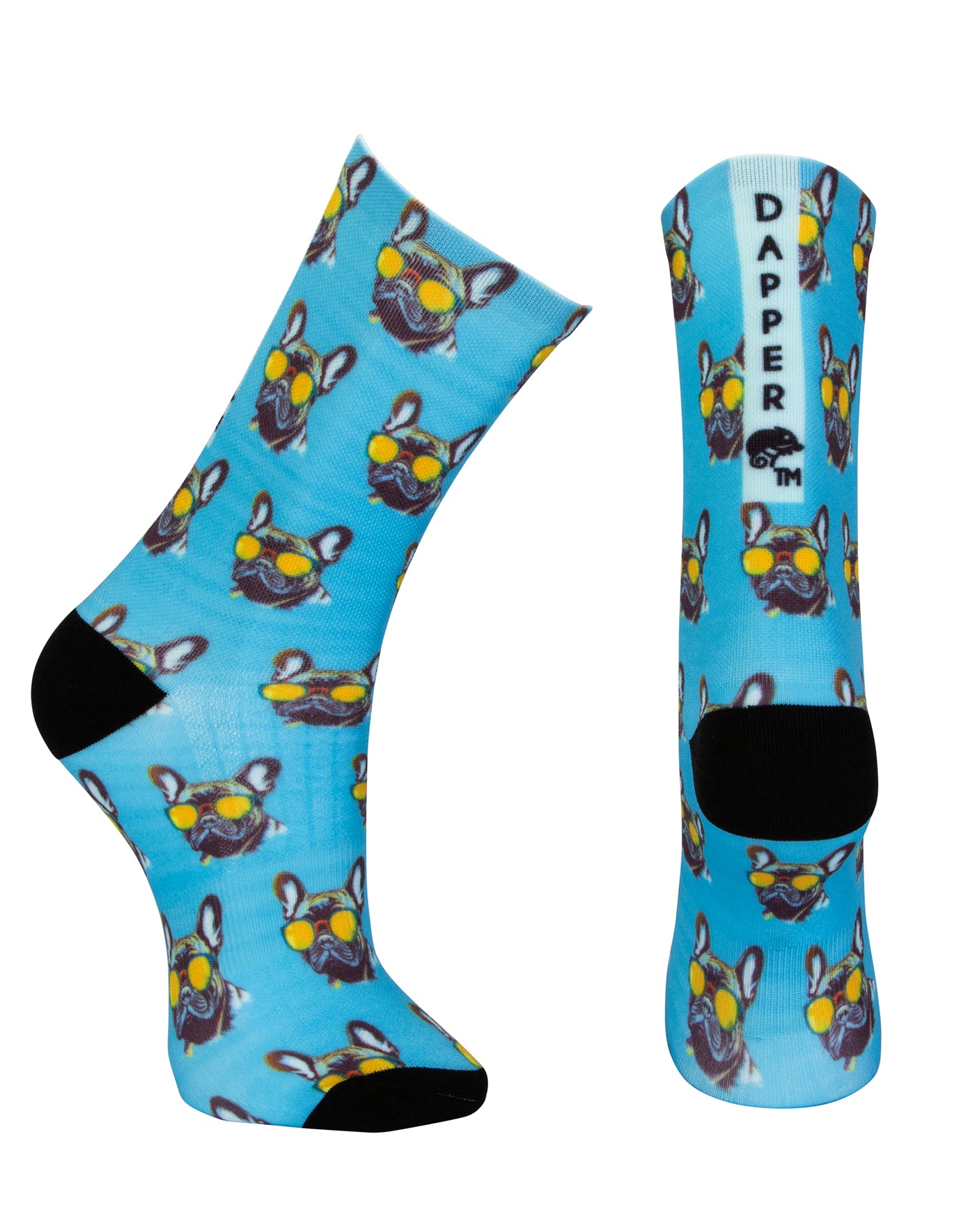 Bright sky blue seamless toe sock with French bulldog wearing yellow sunglasses print design and black heel and toe.