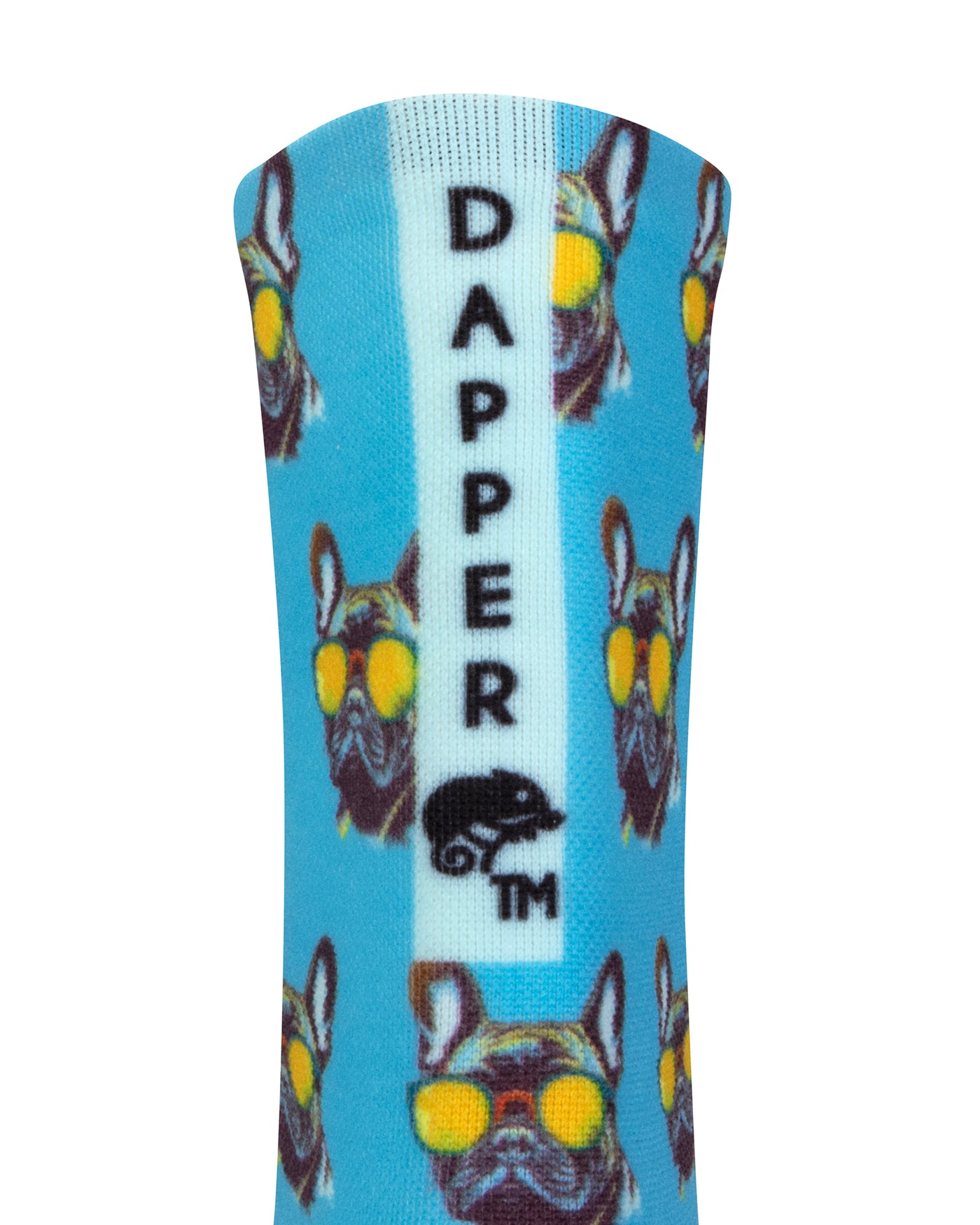 Back view of a bright sky blue seamless toe sock with French bulldog wearing yellow sunglasses with a light blue strip with Dapper Chameleon wording and logo in black.