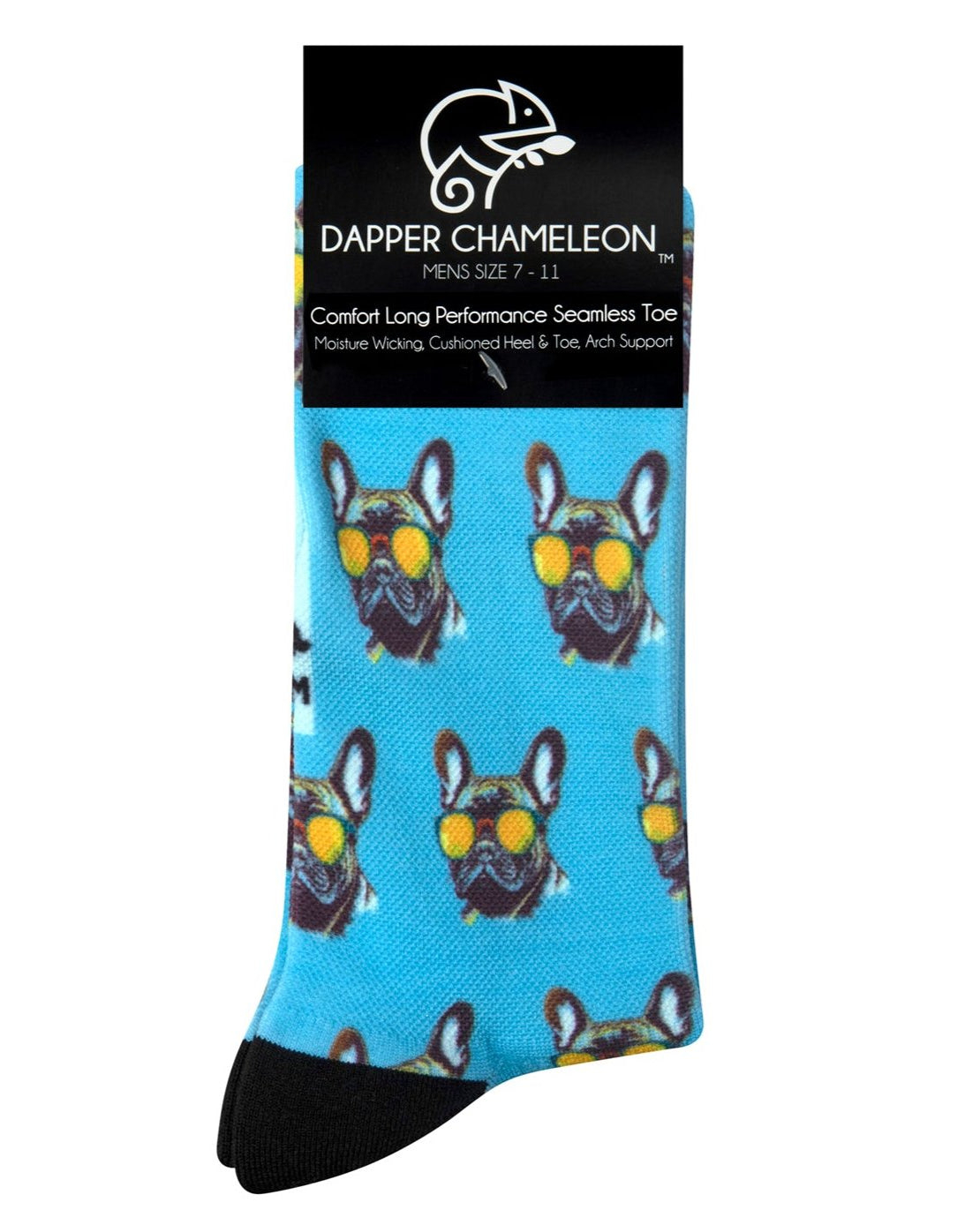Header card packaging of a bright sky blue seamless toe sock with French bulldog wearing yellow sunglasses and black heel and toe.