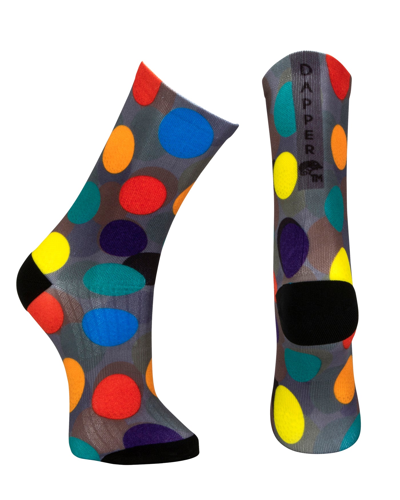 Dark grey seamless toe sock with colourful red, orange, blue, green and yellow golf balls print design and black heel and toe.