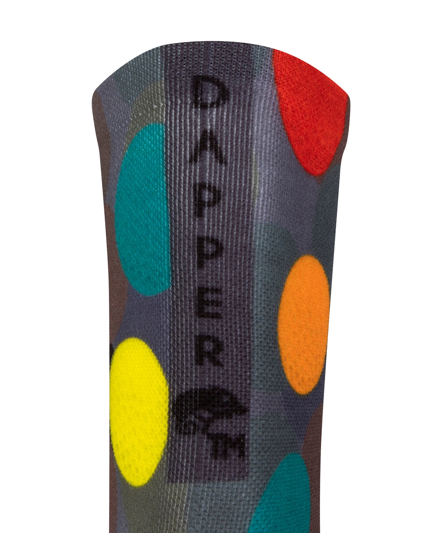 Back view of a dark grey seamless toe sock with colourful red, orange, blue, green and yellow golf balls print design and with a dark grey strip with Dapper Chameleon wording and logo in black.