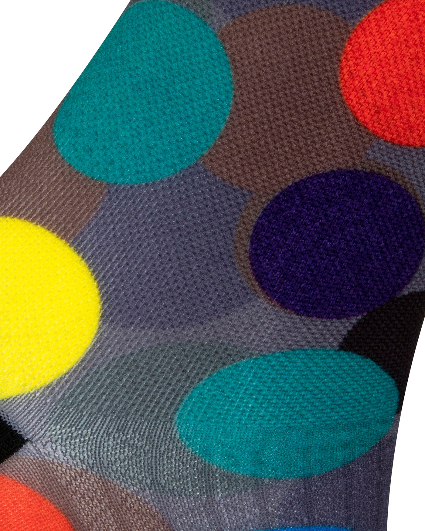 Textured heel view of a dark grey seamless toe sock with colourful red, orange, blue, green and yellow golf balls print design and black heel.