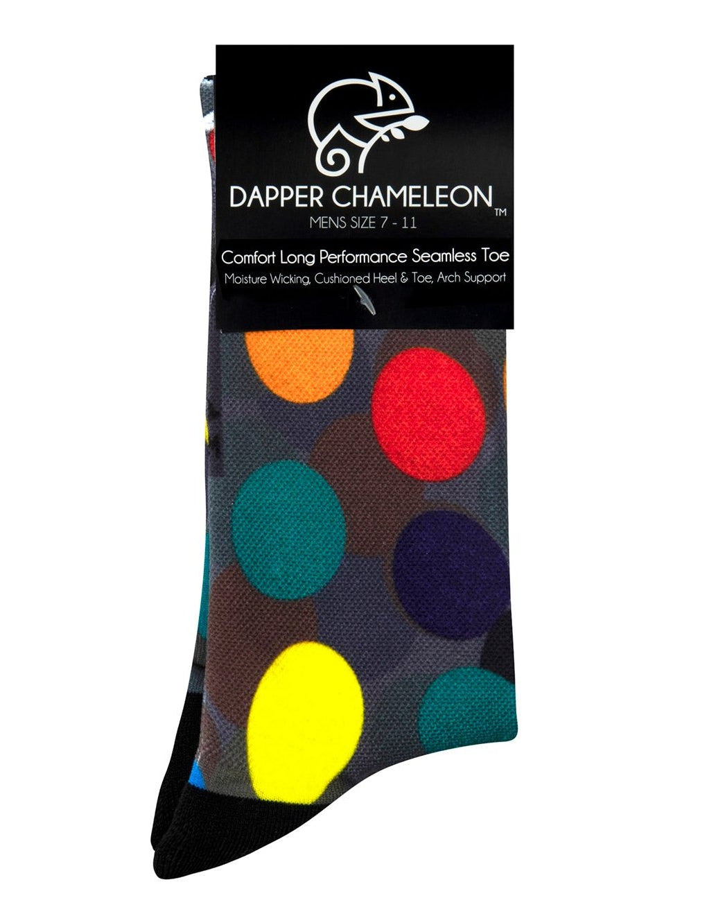 Header card packaging of a dark grey seamless toe sock with colourful red, orange, blue, green and yellow golf balls print design and black heel and toe.