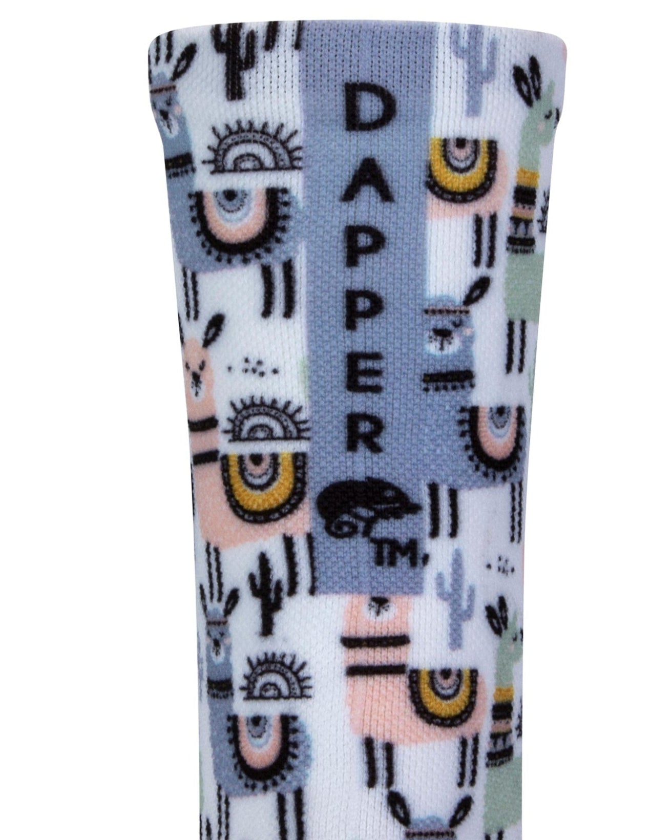 Back view of a white seamless toe sock with pastel Llama and black cactus design print with a blue strip with Dapper Chameleon wording and logo in black.