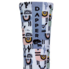 Back view of a white seamless toe sock with pastel Llama and  black cactus design print with a blue strip with Dapper Chameleon wording and logo in black.