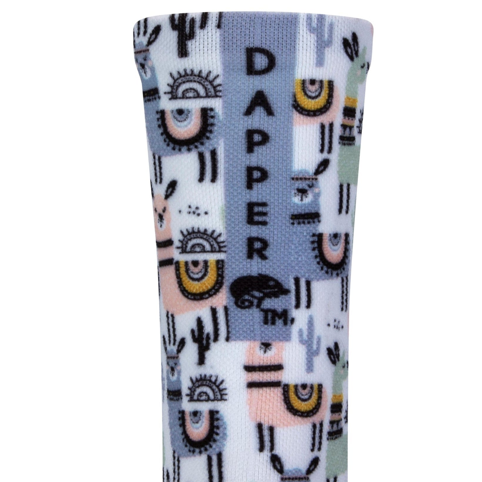 Back view of a white seamless toe sock with pastel Llama and  black cactus design print with a blue strip with Dapper Chameleon wording and logo in black.