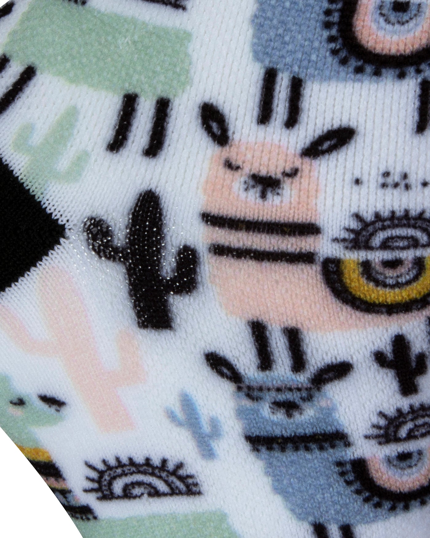 Textured heel view of a white seamless toe sock with pastel Llama and black cactus design print and black heel.