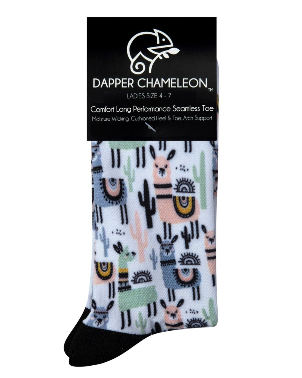 Header card packaging of a white seamless toe sock with pastel Llama and black cactus design print and black heel and toe.