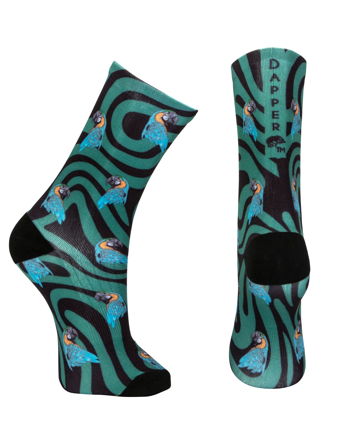 Black seamless toe sock with emerald green swirls and blue and yellow parrot design print and black heel and toe.
