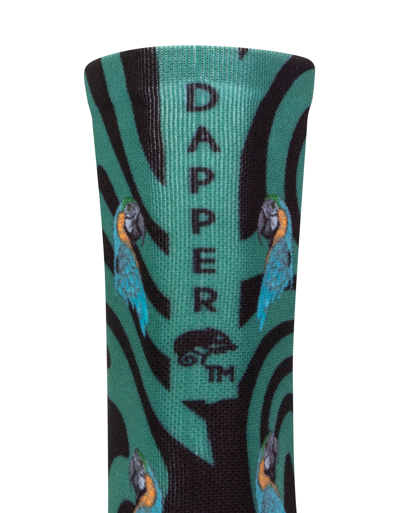 Back view of a black seamless toe sock with emerald green swirls and blue and yellow parrot design print and with a emerald green strip with Dapper Chameleon wording and logo in black.