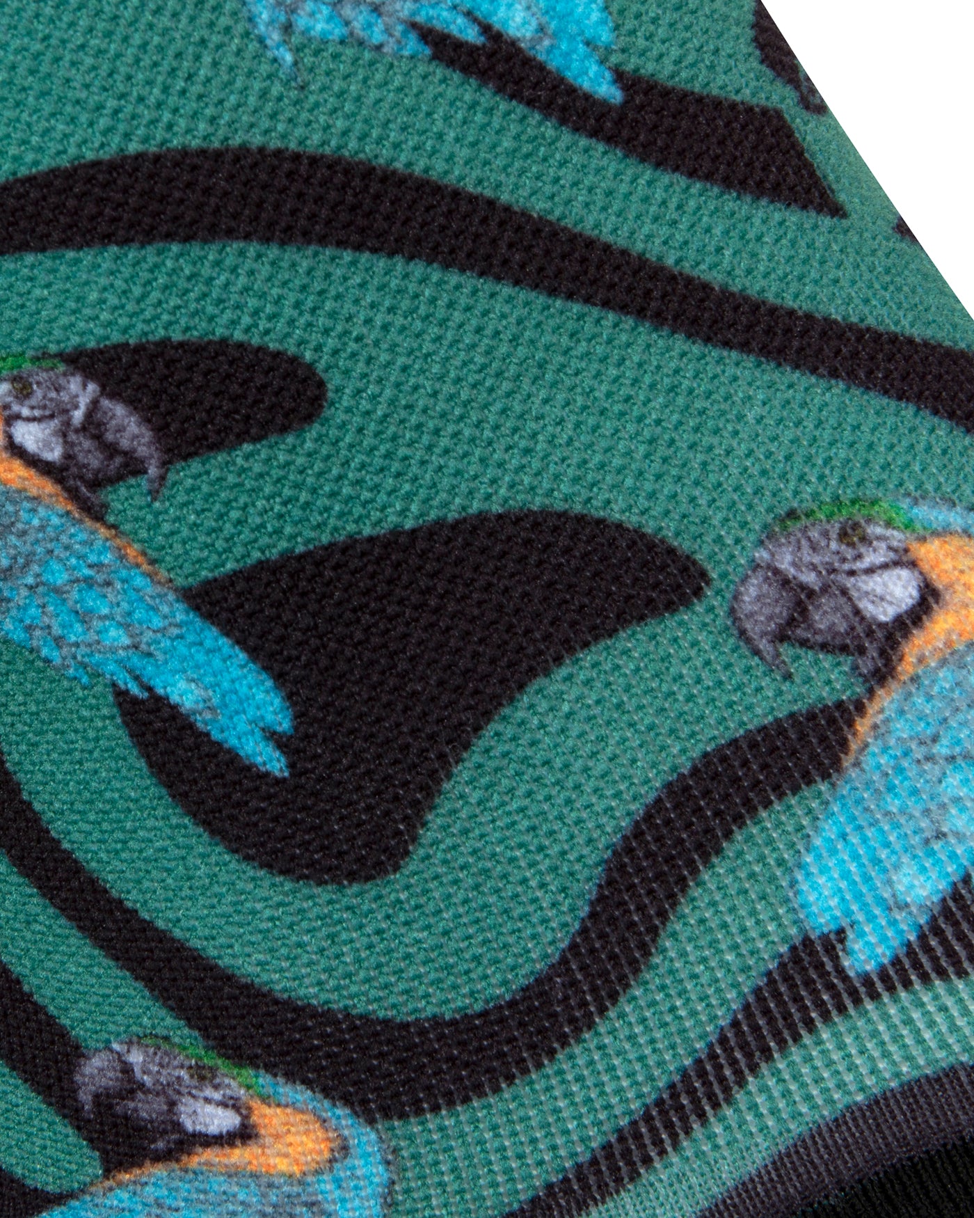 Textured view of a black seamless toe sock with emerald green swirls and blue and yellow parrot design print.