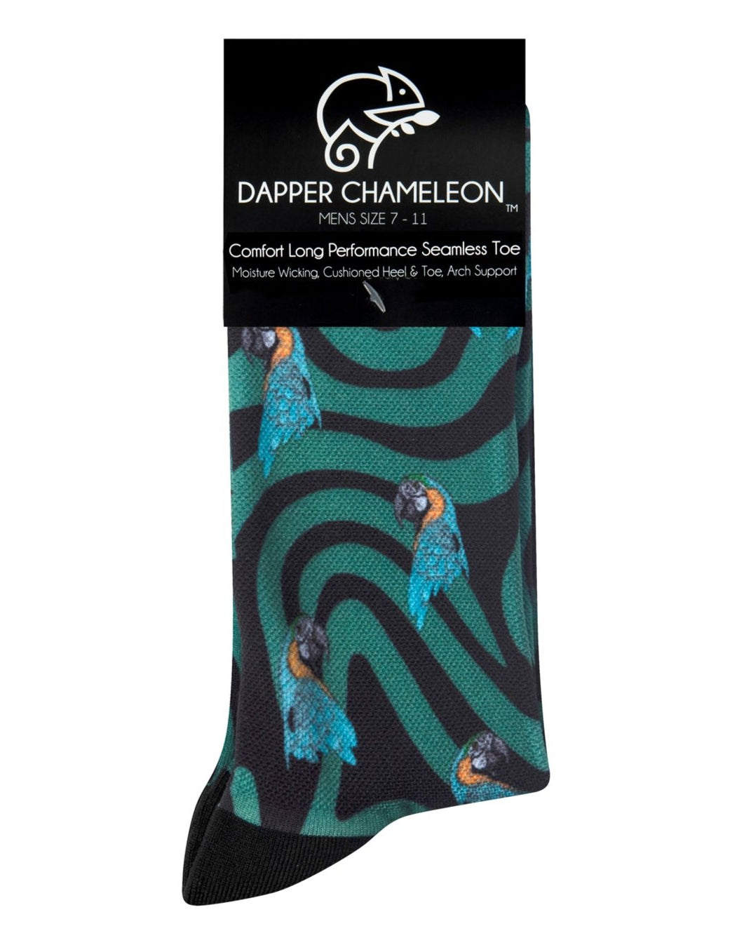 Header card packaging of a black seamless toe sock with emerald green swirls and blue and yellow parrot design print and black heel and toe.