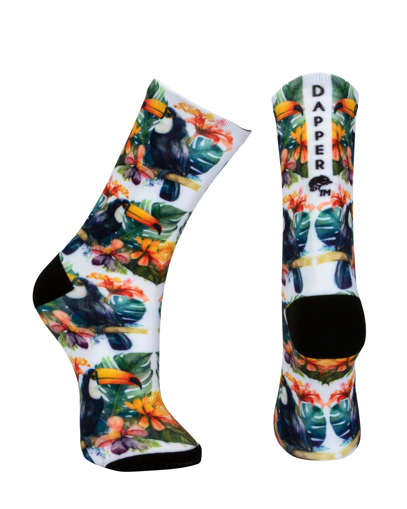White seamless toe sock with bright toucans in the jungle design print and black heel and toe.