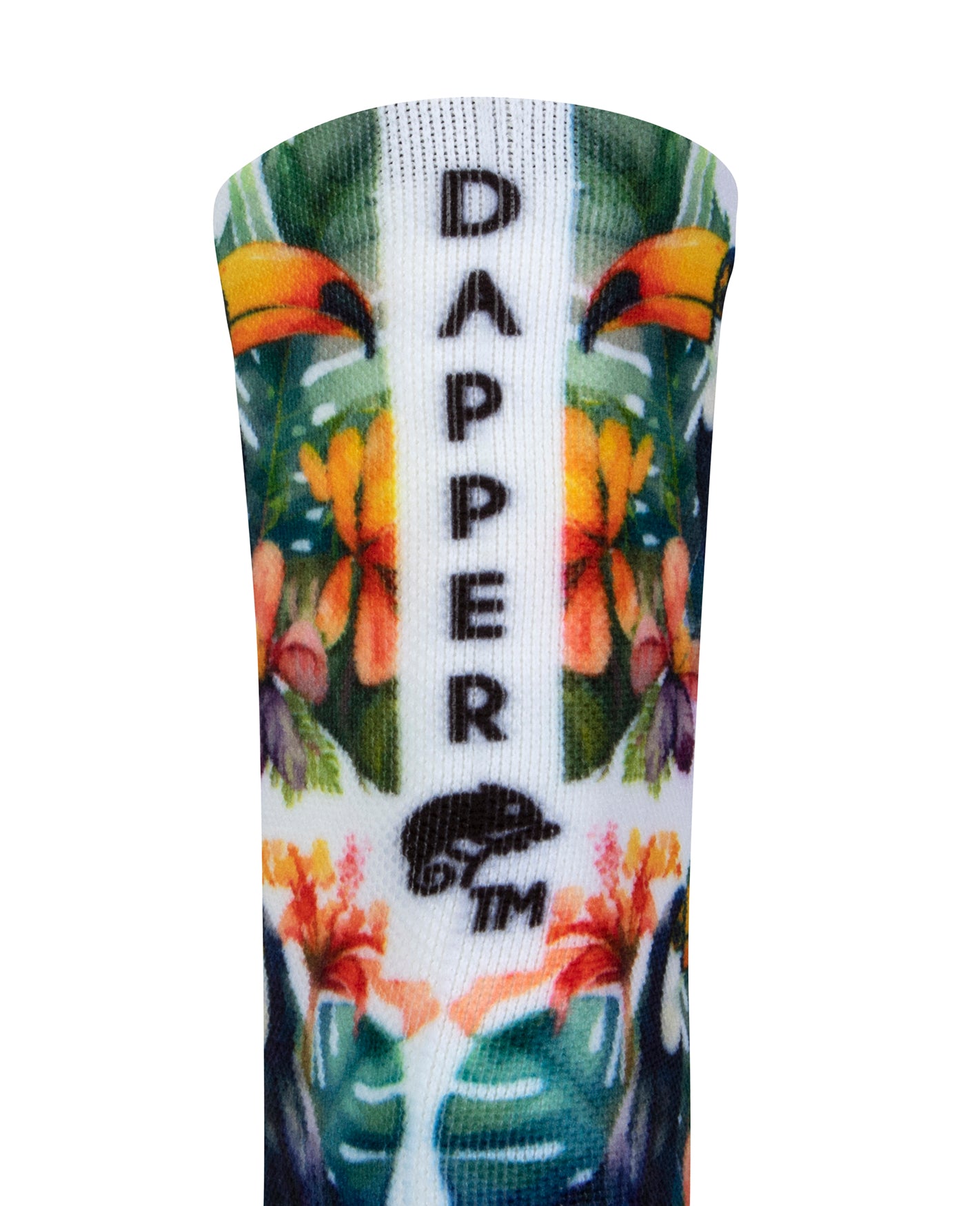 Back view of a white seamless toe sock with bright toucans in the jungle design print with a white strip with Dapper Chameleon wording and logo in black.
