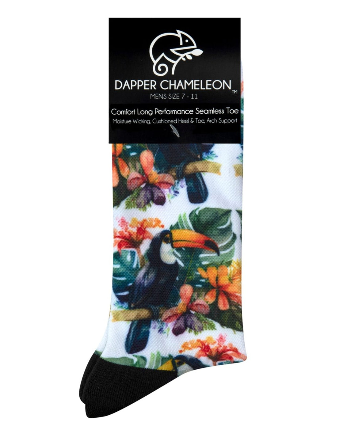 Header card packaging of a white seamless toe sock with bright toucans in the jungle design print and black heel and toe.