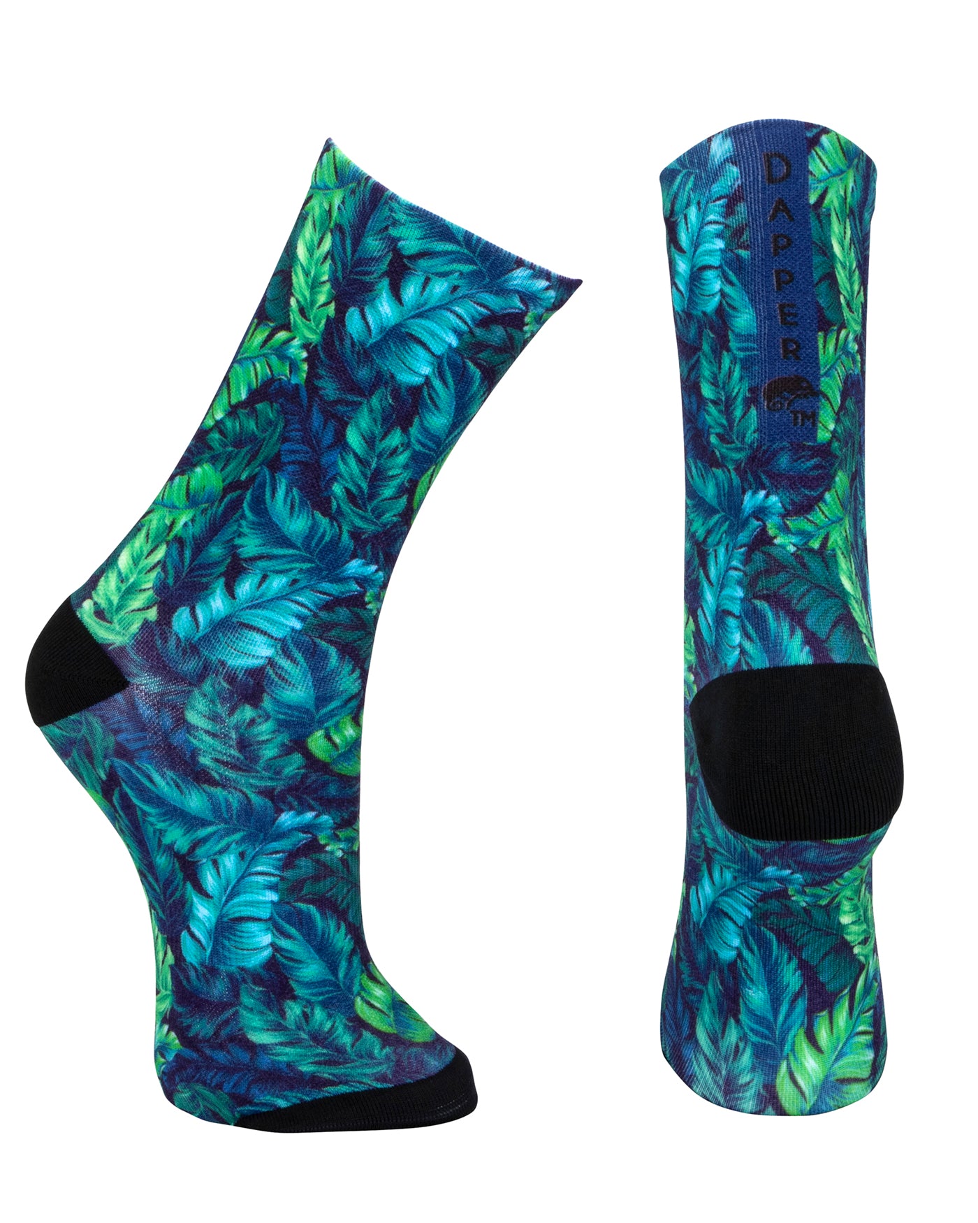 Blue seamless toe sock with green and blue topical fern design print and black heel and toe.