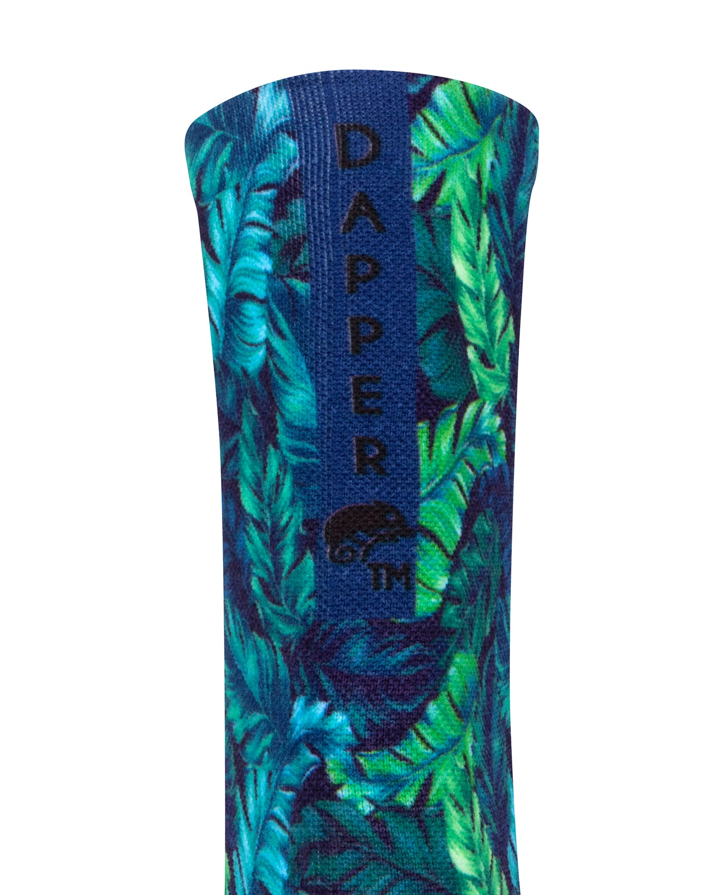 Back view of a blue seamless toe sock with green and blue topical fern design print with a blue strip with Dapper Chameleon wording and logo in black.