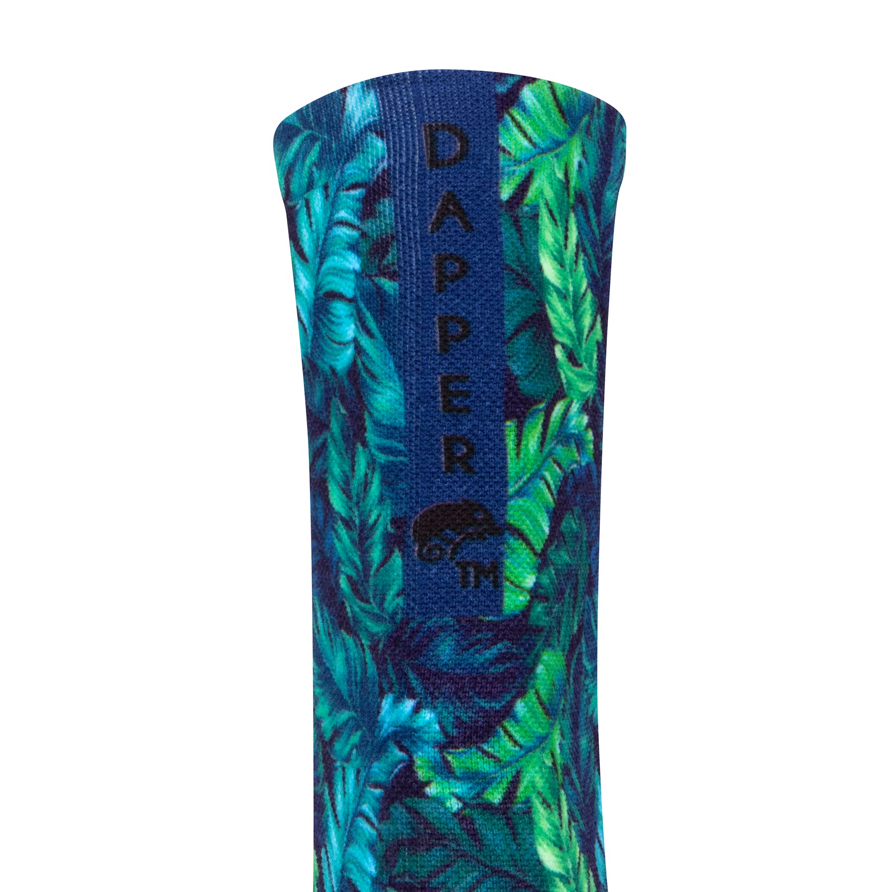 Back view of a blue seamless toe sock with green and blue topical fern design print with a blue strip with Dapper Chameleon wording and logo in black.
