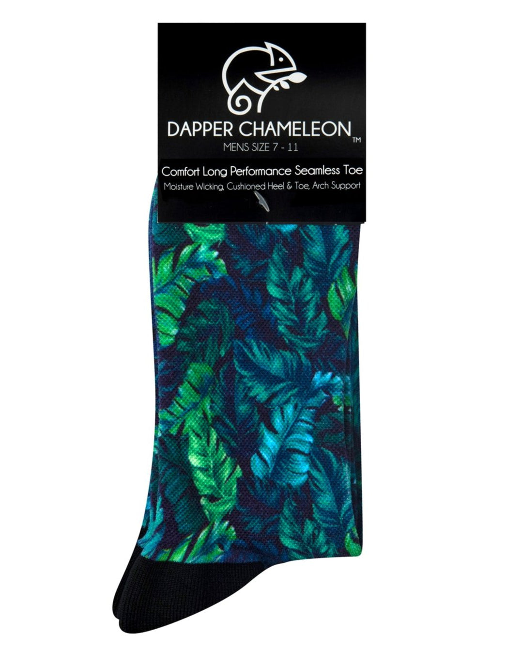 Header card packaging of a blue seamless toe sock with green and blue topical fern design print and black heel and toe.