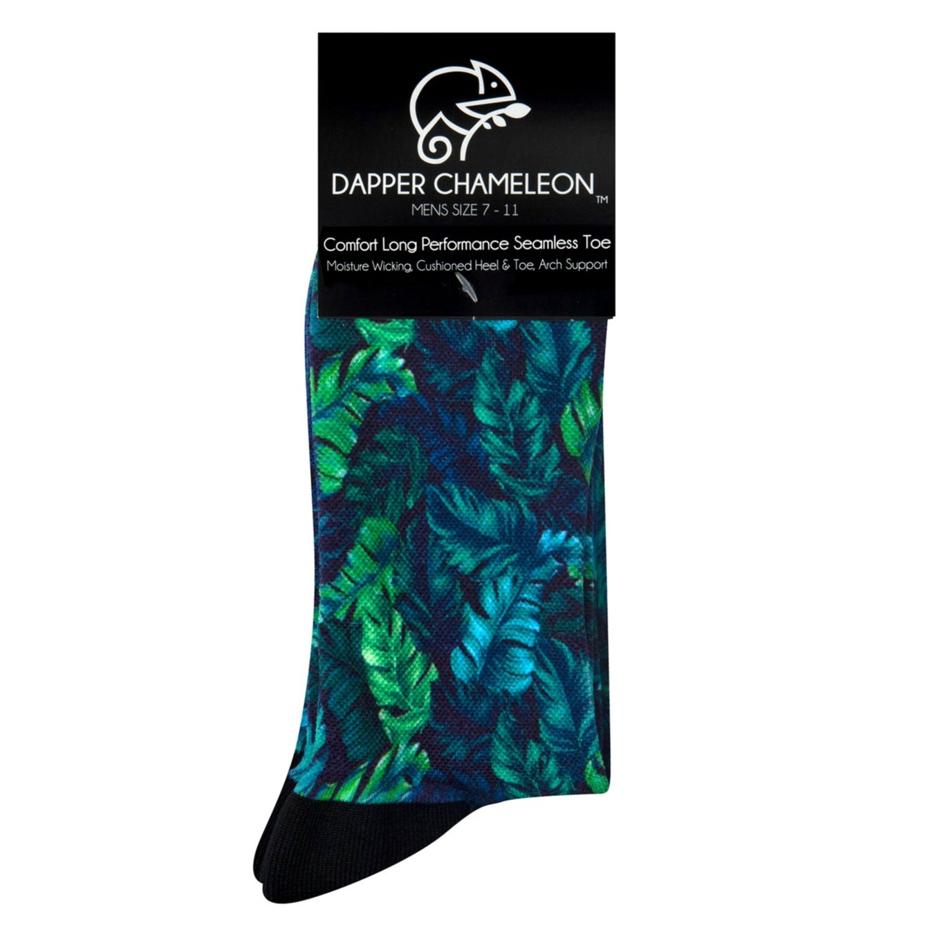 Header card packaging of a blue seamless toe sock with green and blue topical fern design print and black heel and toe.
