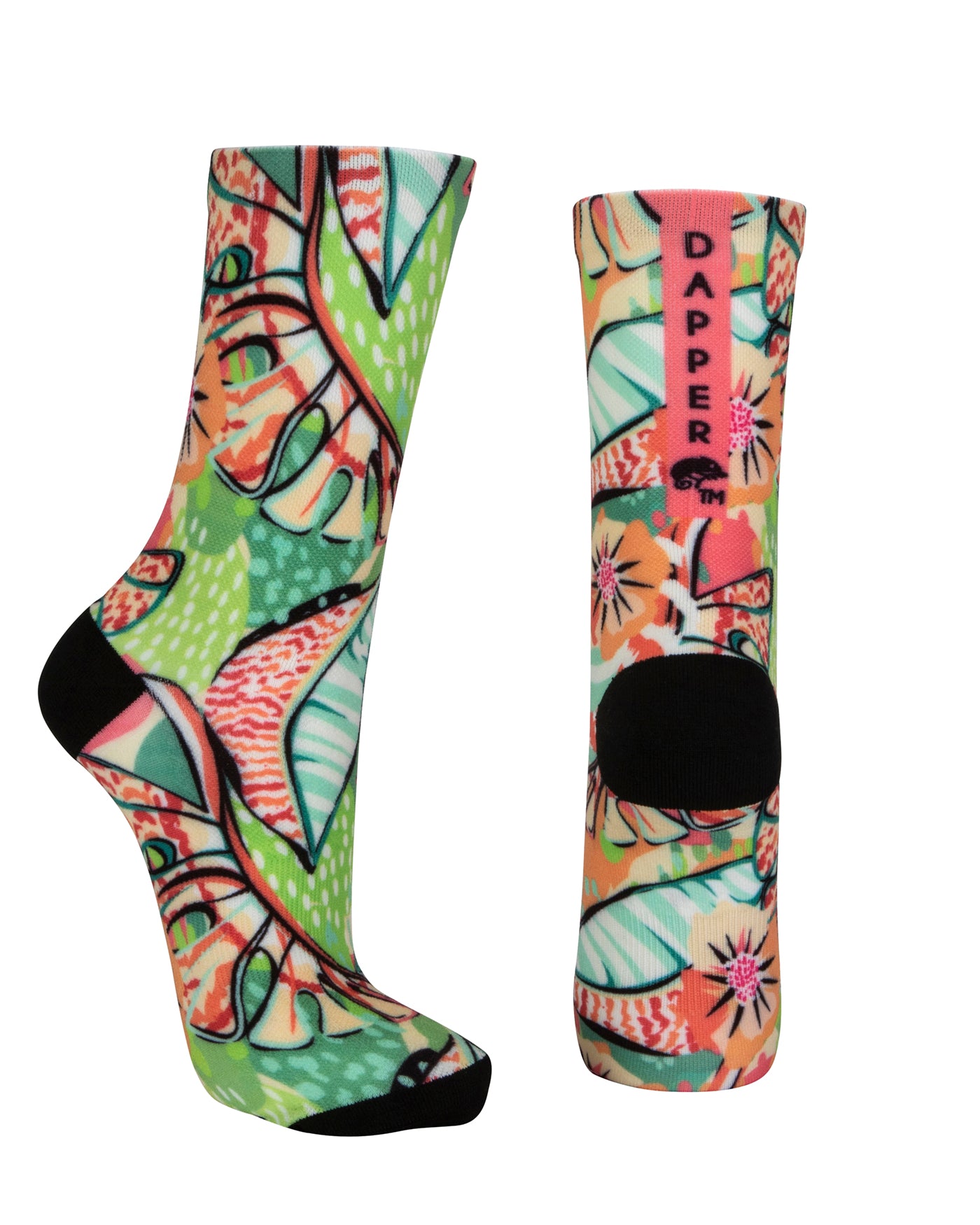 Seamless toe sock with multi-colour tropical plant and floral design print and black heel and toe.
